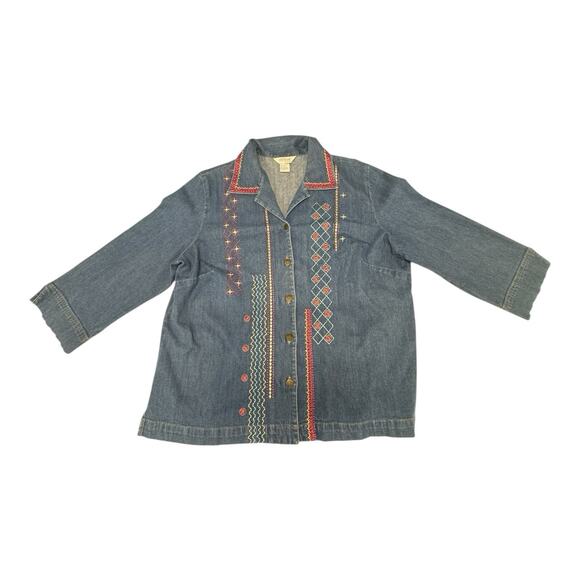 Koret's Floral Embroidered Denim Jacket Women's 16 Button Up Boho Hippie Y2K - Picture 1 of 14